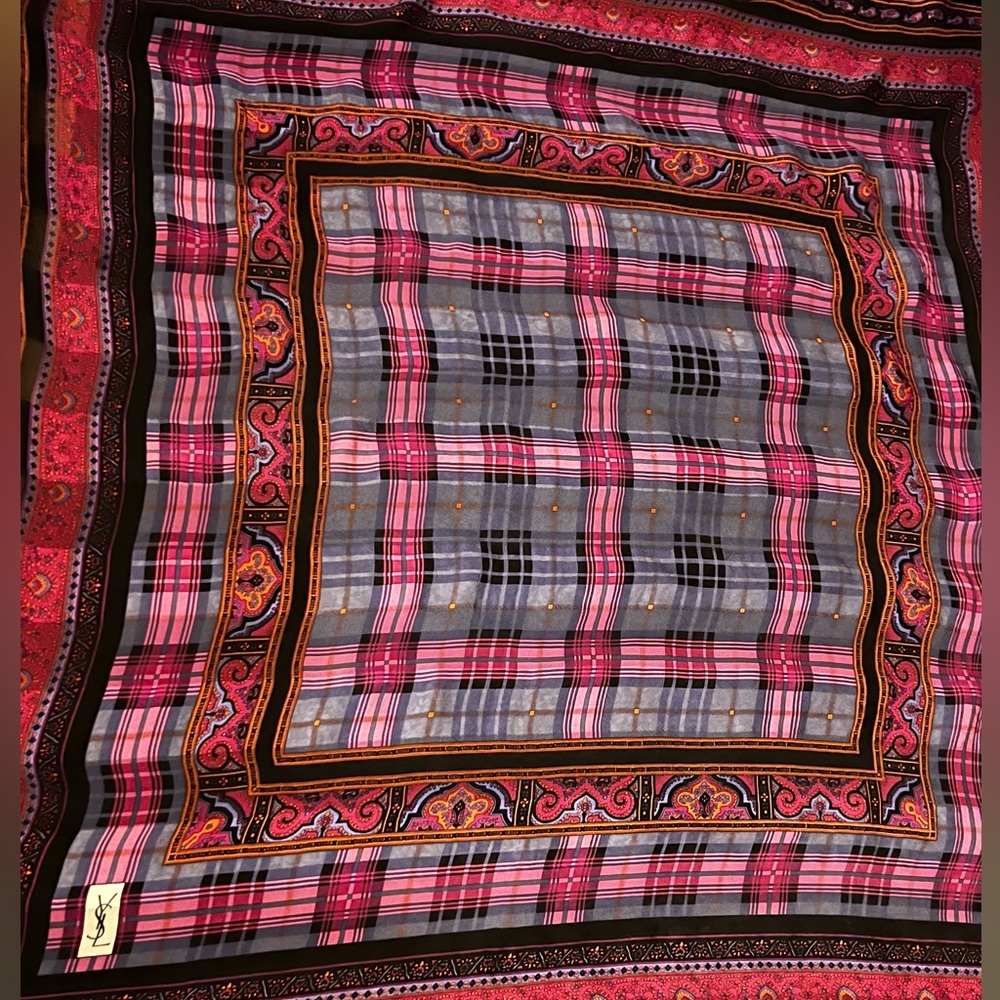 YSL Scarf. 100% Silk. Check & Parsley. Made in Italy.
